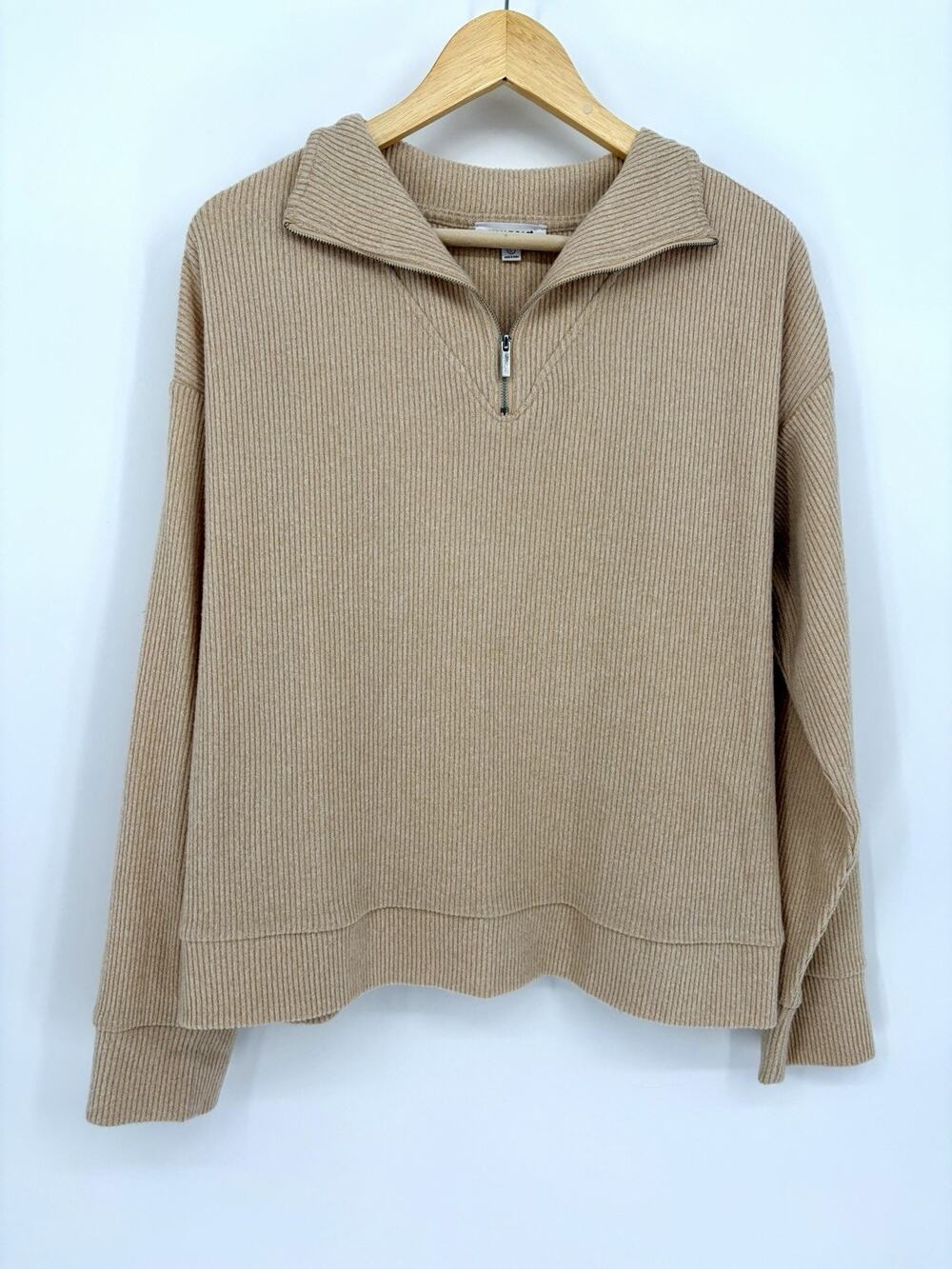 Kinesis Large Beige Ribbed Quarter Zip Pullover Sweater Ribbed Athleisure